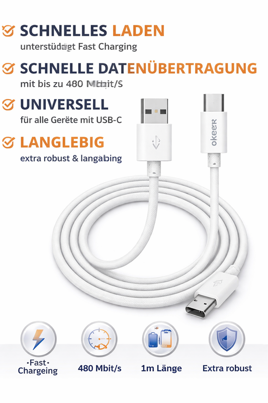 PEDEA USB-A auf USB-C Kabel 1 m – Schnellladekabel Weiß