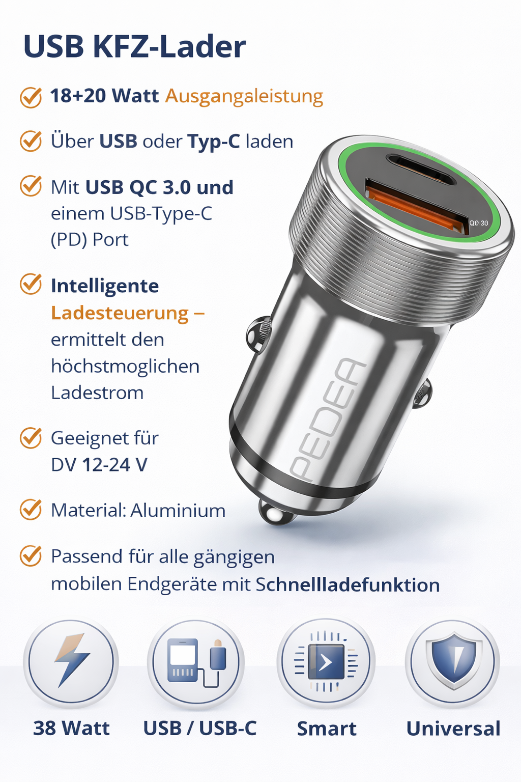 PEDEA KFZ Schnellladegerät Dual USB-A & USB-C 20W – Silber