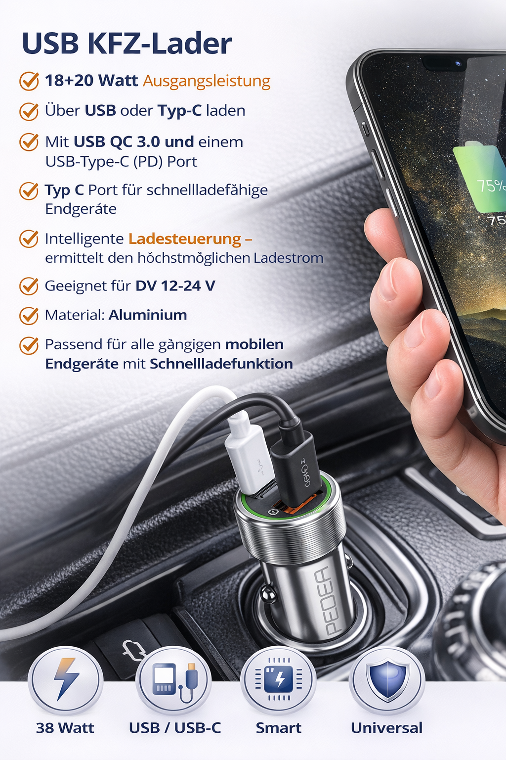 PEDEA KFZ Schnellladegerät Dual USB-A & USB-C 20W – Silber