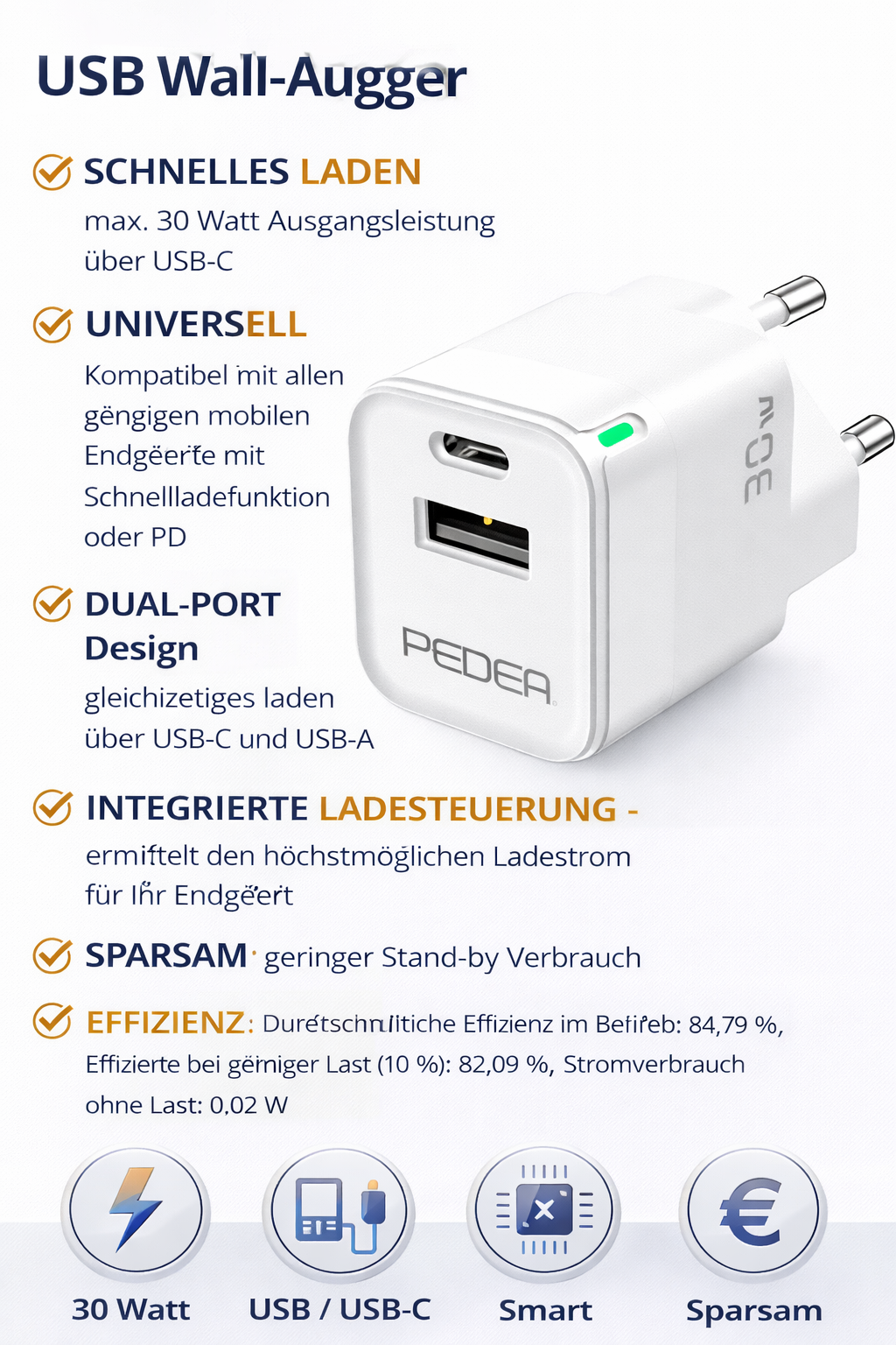 PEDEA Mini Schnellladegerät 30W GaN – USB-C & USB-A Dual Port Weiß