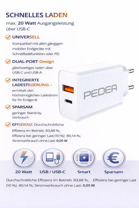 PEDEA Schnellladegerät 20W USB-C & USB-A – Dual Port Netzteil Weiß