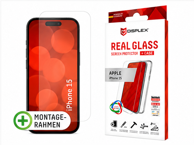 DISPLEX Real Glass 10H Panzerglas mit transparenter TPU-Hülle für Apple iPhone 15