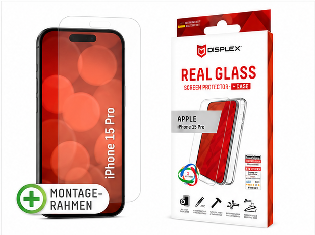 DISPLEX Real Glass 10H Panzerglas mit transparenter TPU-Hülle für Apple iPhone 15 Pro