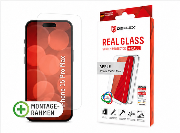 DISPLEX Real Glass 10H Panzerglas mit transparenter TPU-Hülle für iPhone 15 Pro Max
