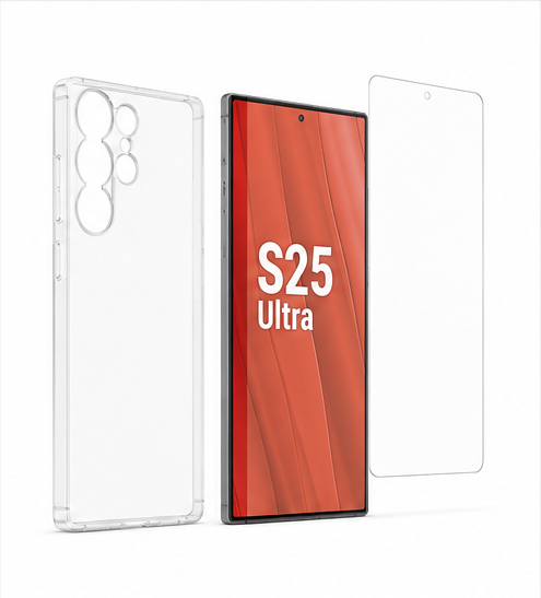 DISPLEX Real Glass + Case für Samsung Galaxy S25 Ultra mit 10H Panzerglas transparenter Hülle und EASY-ON Montagerahmen