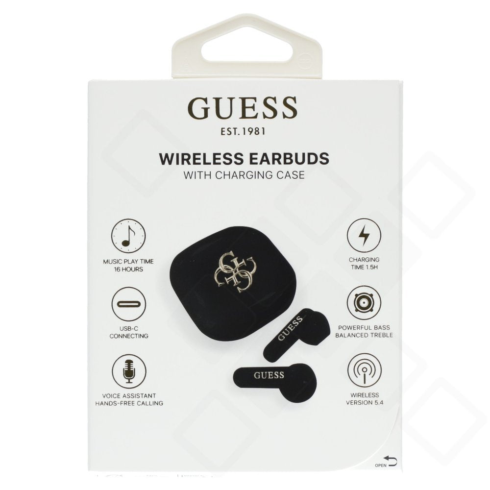 Guess 4G Metal Logo TWS Wireless Earphones in Schwarz mit kabellosem Ladecase