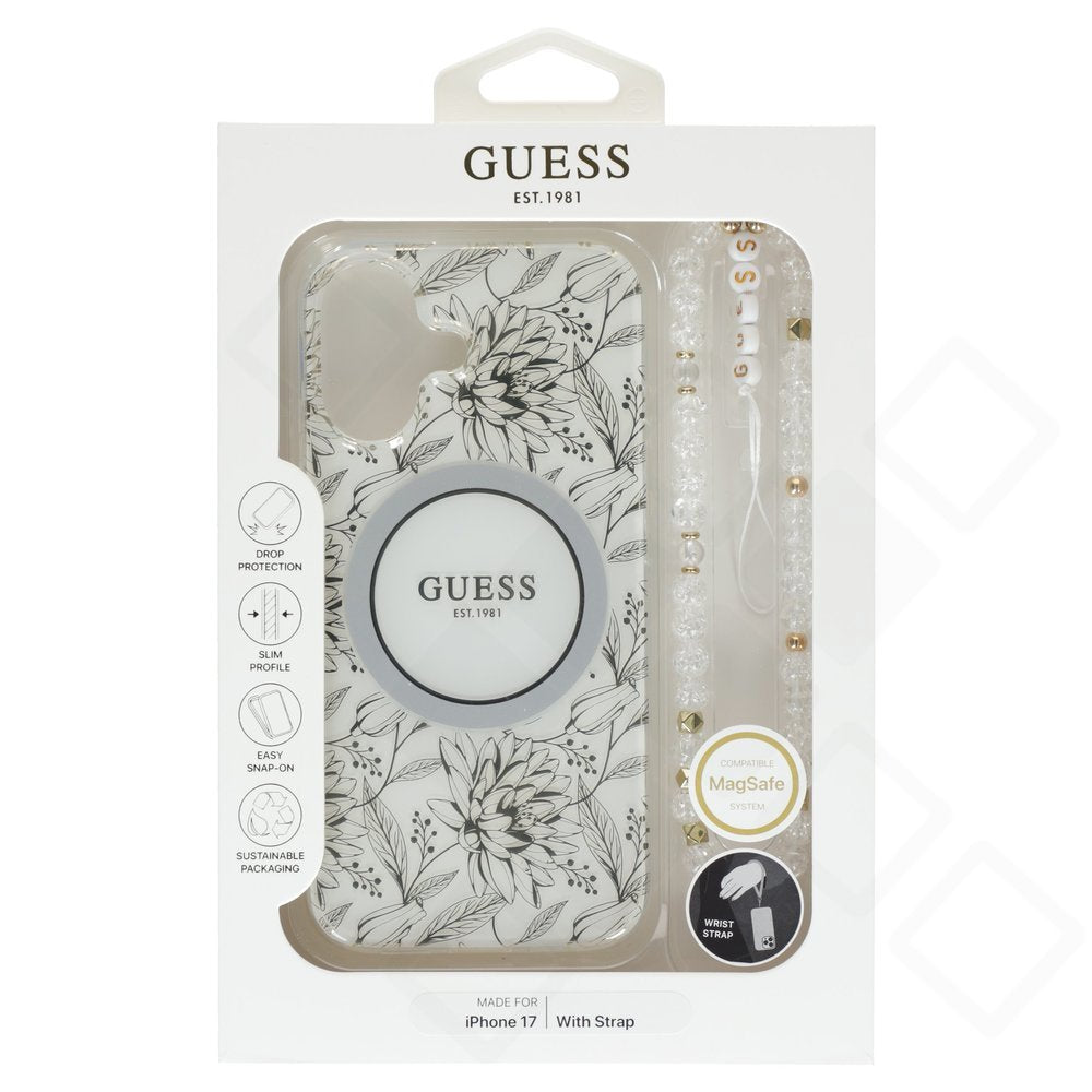 Guess IML Flowers Strap MagSafe Case für Apple iPhone 17 - white