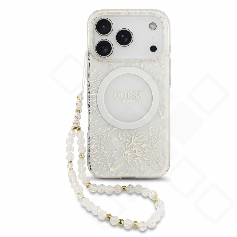 Guess IML Flowers Strap MagSafe Case für Apple iPhone 17 Pro, 18 Pro - white