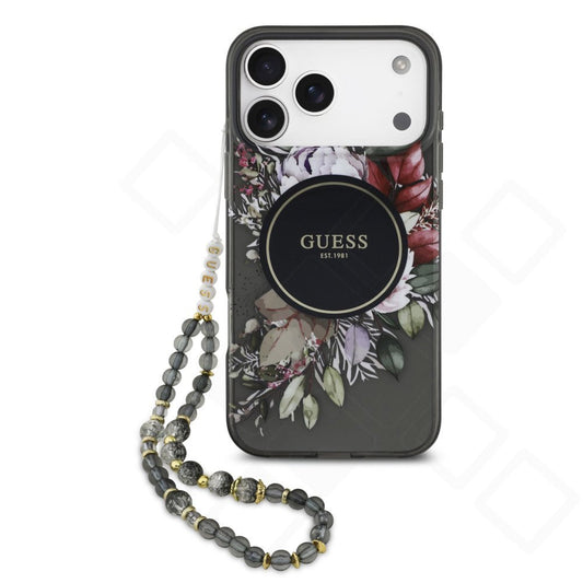 Guess IML Flowers Strap MagSafe Case für Apple iPhone 17 Pro Max – Schwarz