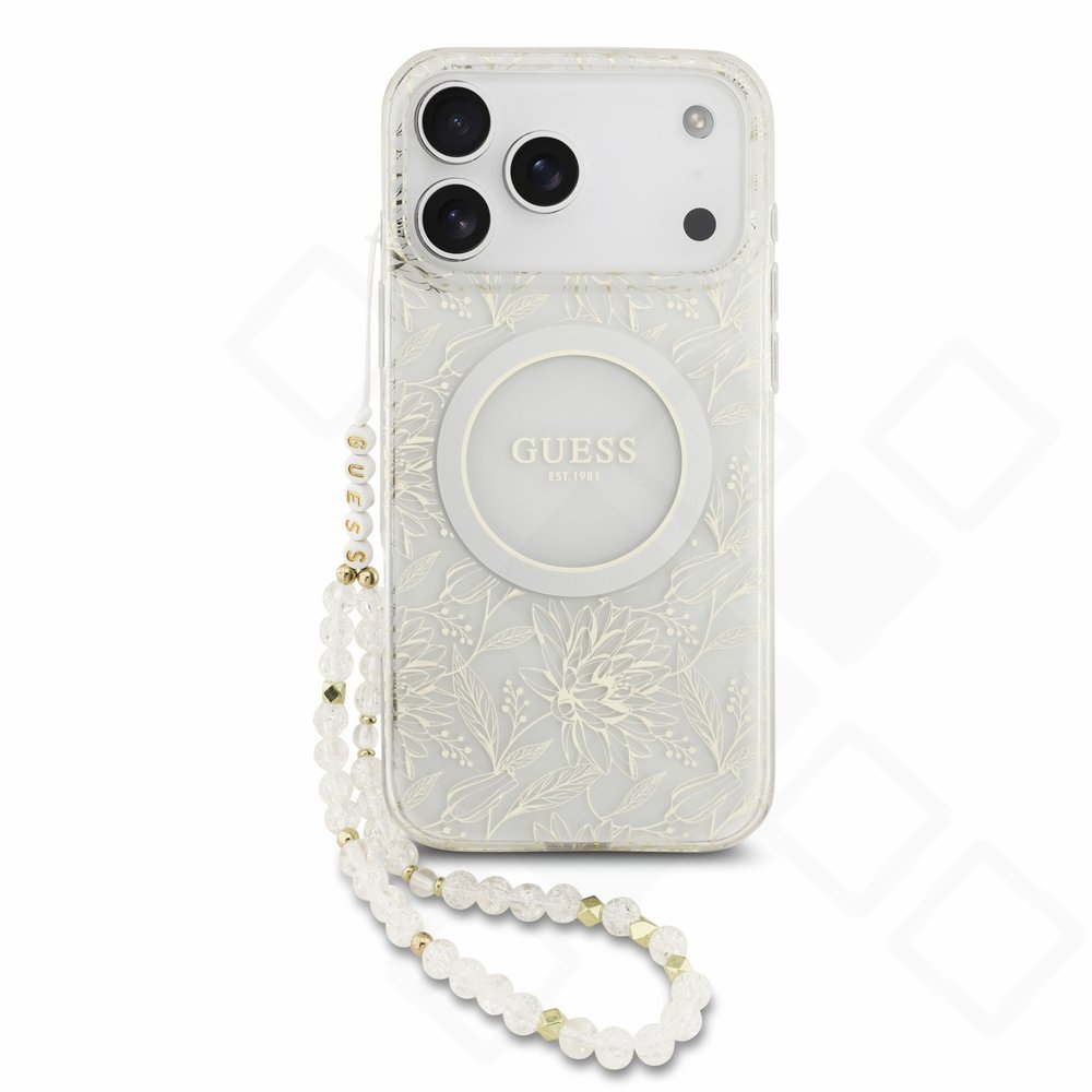 Guess IML Flowers Strap MagSafe Case für Apple iPhone 17 Pro Max, 18 Pro Max - white
