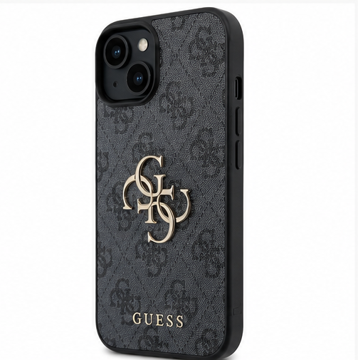 Guess PU 4G Metal Logo Case passend für Apple iPhone 13, iPhone 14 und iPhone 15 Grau