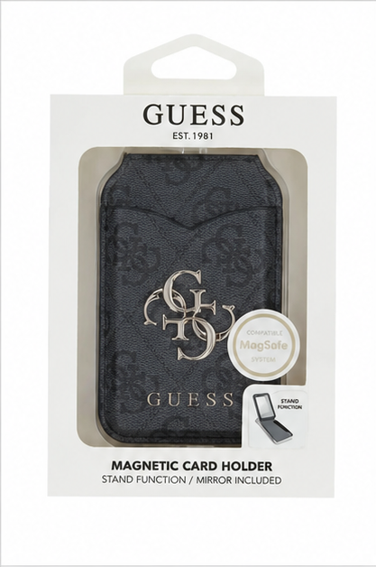 Guess PU 4G Mirror MagSafe Kartenhalter mit Spiegel und Standfunktion schwarz