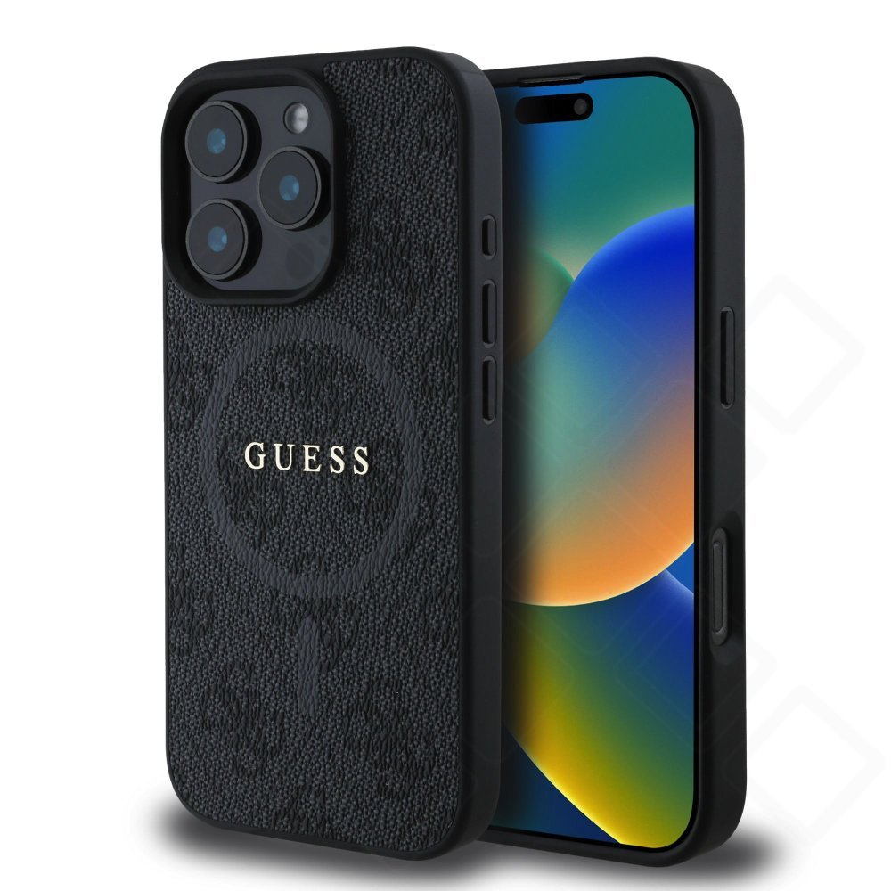 Schwarzes Guess 4G Colored Ring MagSafe Case für Apple iPhone 16 Pro Max