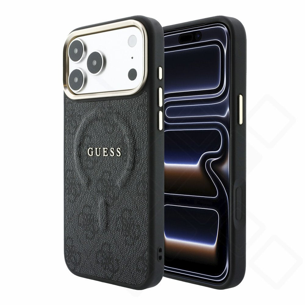 Guess PU Leather 4G Gold Frame Embossed MagSafe Case für Apple iPhone 17 Pro, 18 Pro - black