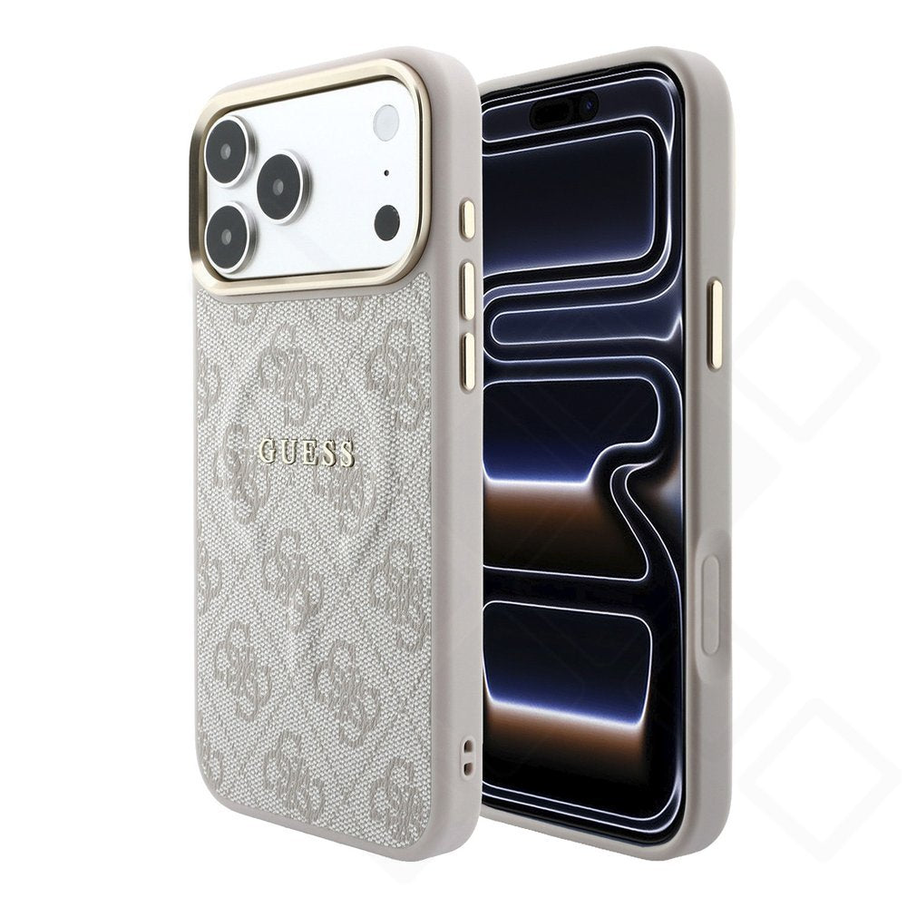 Guess PU Leather 4G Gold Frame Embossed MagSafe Case für Apple iPhone 17 Pro, 18 Pro - pink