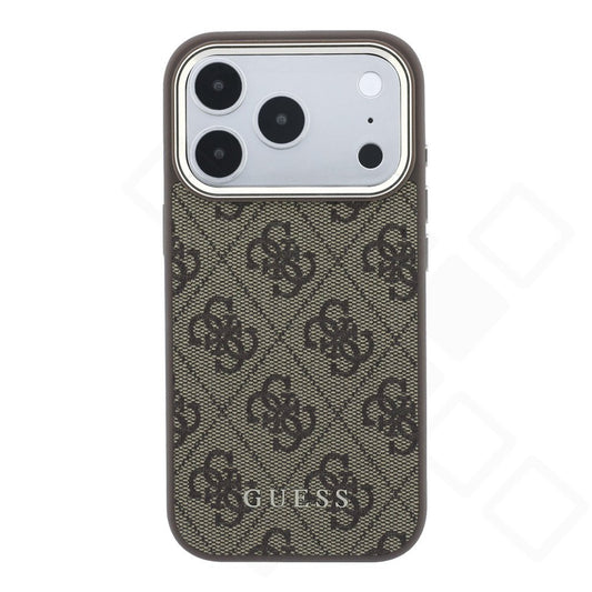 Guess PU Leather 4G Metal Logo Gold Frame Case für Apple iPhone 17 Pro Max, 18 Pro Max - brown