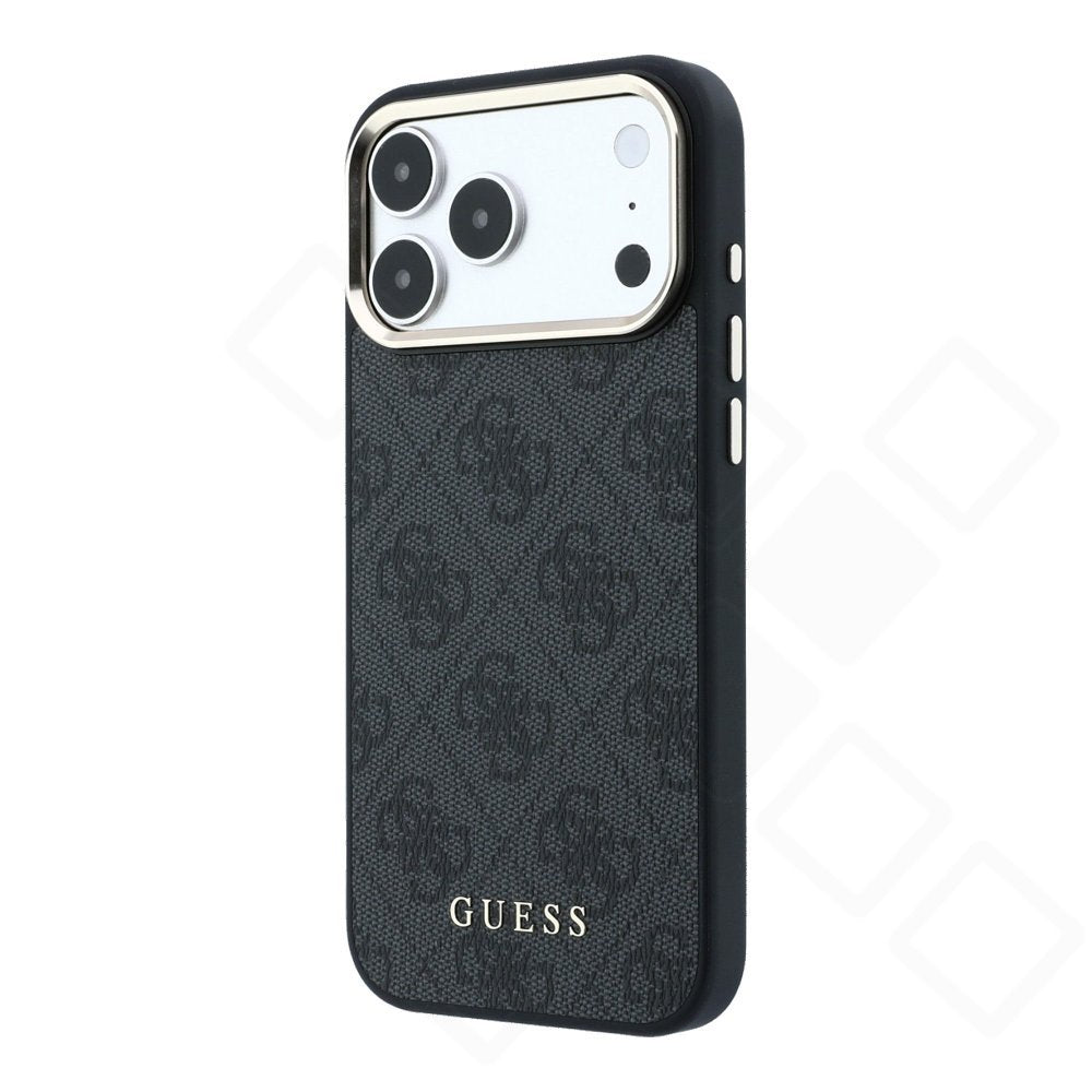 Guess PU Leather 4G Metal Logo Gold Frame Case für Apple iPhone 17 Pro Max, 18 Pro Max - black