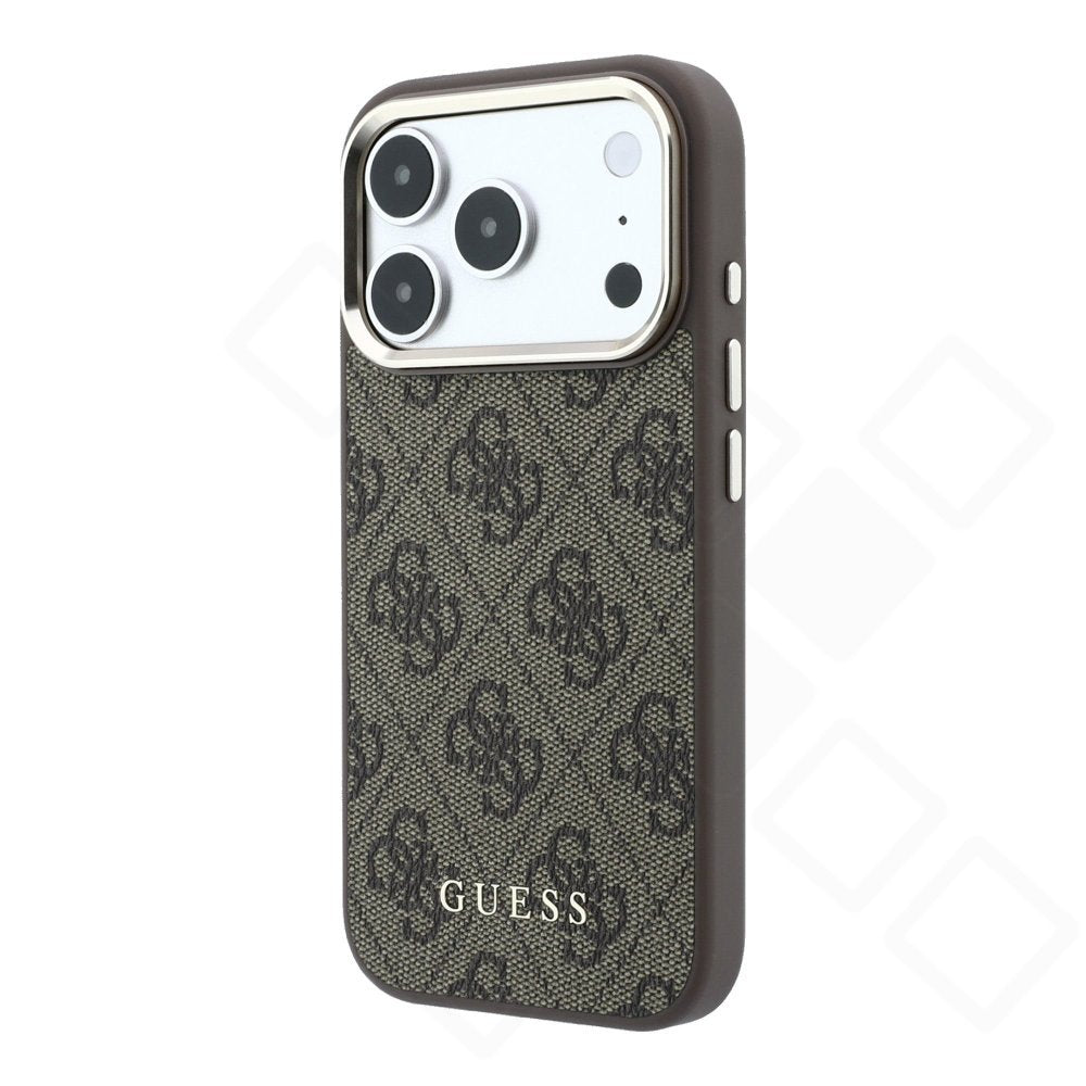 Guess PU Leather 4G Metal Logo Gold Frame Case für Apple iPhone 17 Pro Max, 18 Pro Max - brown
