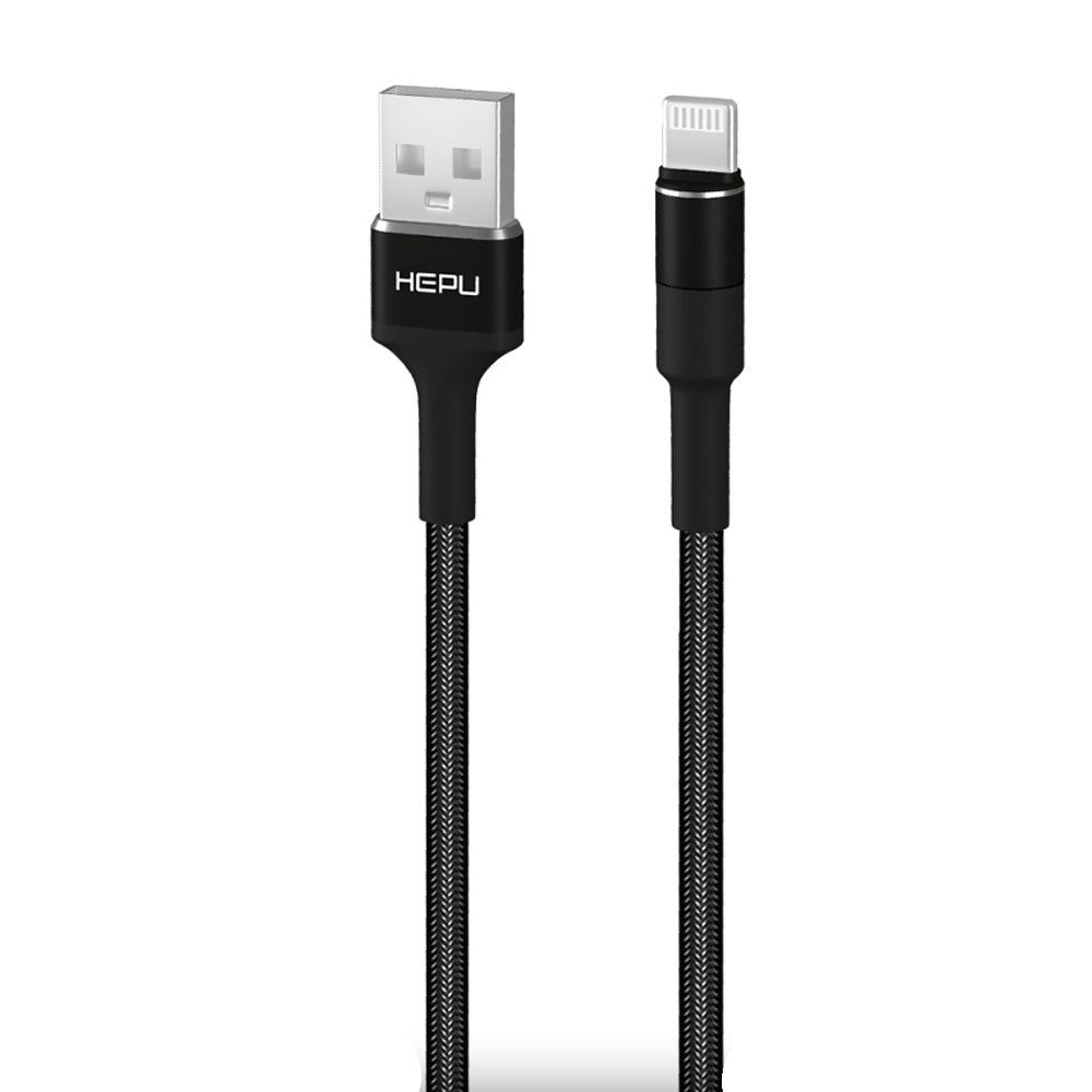 Schwarzes HEPU Cord USB-A-auf-Lightning-Lade- und Datenkabel mit 3,1 Ampere und einem Meter Länge