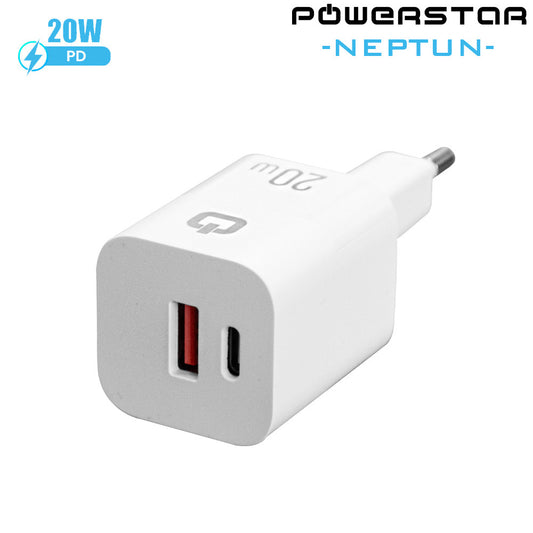 Powerstar Neptun 20W Dual Schnellladegerät mit USB-C PD und USB-A QC 3.0 in Weiß