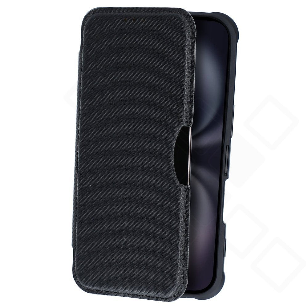 anco Bookcase Carbon Look für Apple iPhone 16 mit Kartenfach schwarz