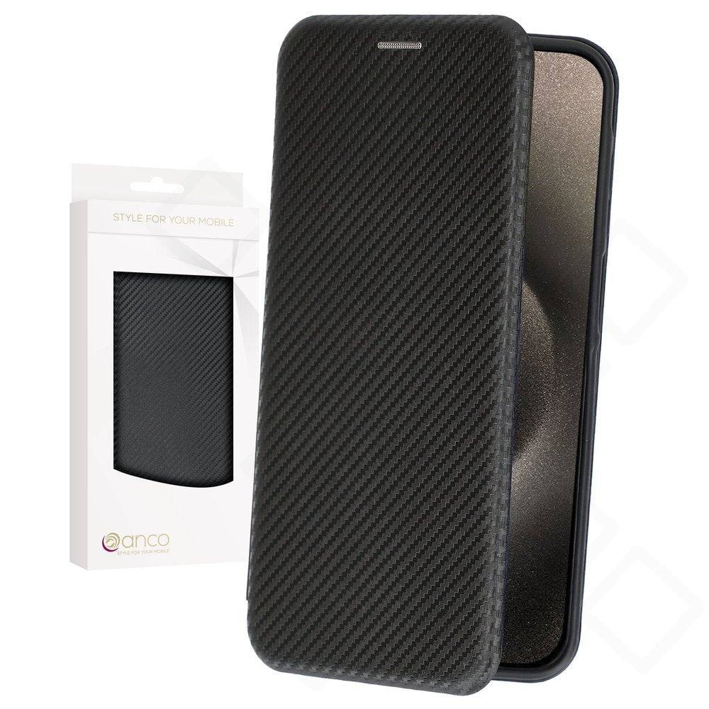 anco Bookcase Carbon Optic mit Kartenfach und TPU-Halteschale für Apple iPhone 15 Pro schwarz