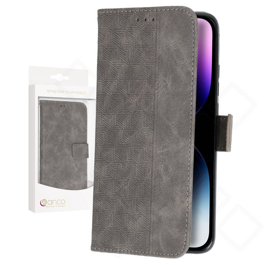 anco Bookcase Geometric Hülle für Apple iPhone 14 Pro in Grau mit Kartenfach aus PU-Leder
