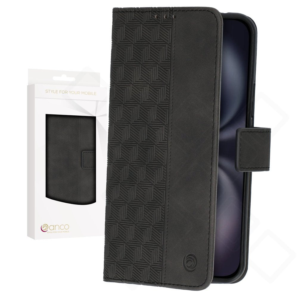 anco Bookcase Geometric für Apple iPhone 16 mit Kartenfach und TPU-Halteschale schwarz