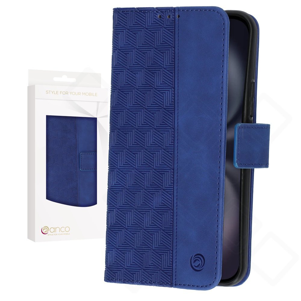 anco Bookcase Geometric für Apple iPhone 16 mit Kartenfach und TPU-Halteschale blau