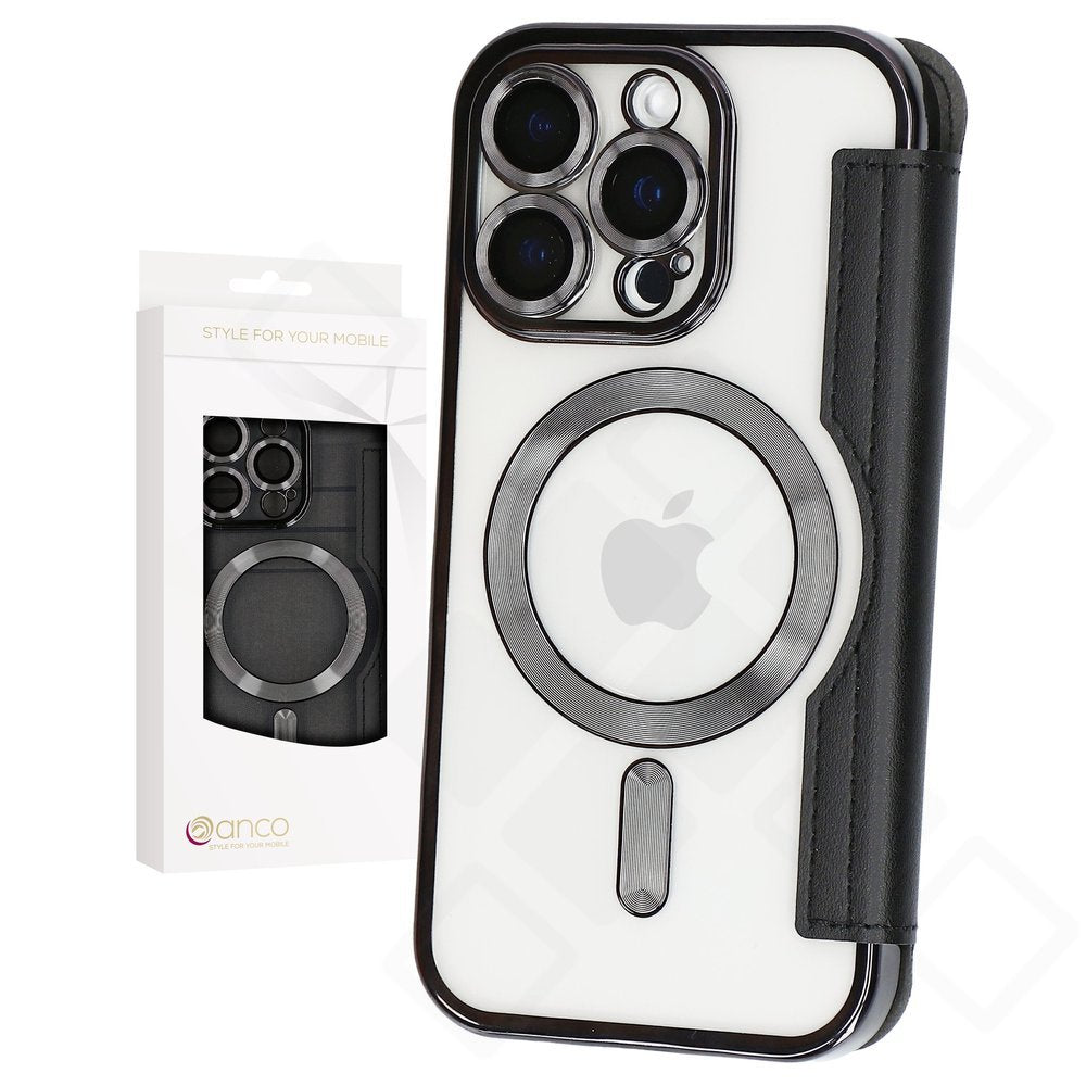 anco Bookcase Smart Mag für Apple iPhone 16 Pro in Schwarz mit Kartenfächern und PU-Leder