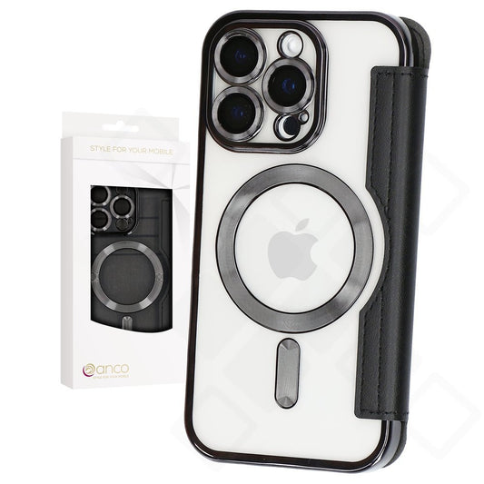 anco Bookcase Smart Mag für Apple iPhone 16 Pro in Schwarz mit Kartenfächern und PU-Leder