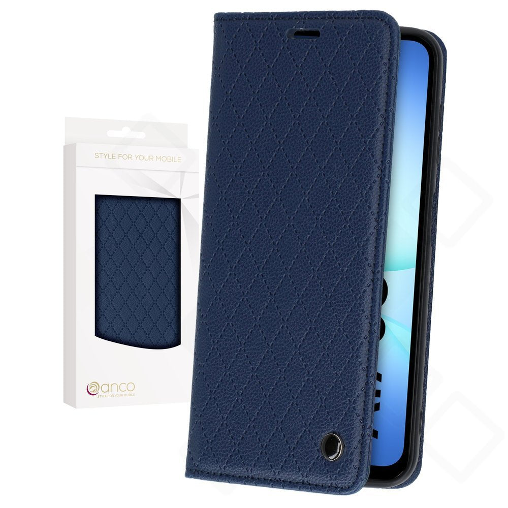 anco Bookcase Style Magnetic aus PU-Leder mit Karomuster, Kreditkartenfach und Magnetverschluss für Samsung Galaxy A17 und A18 - navy