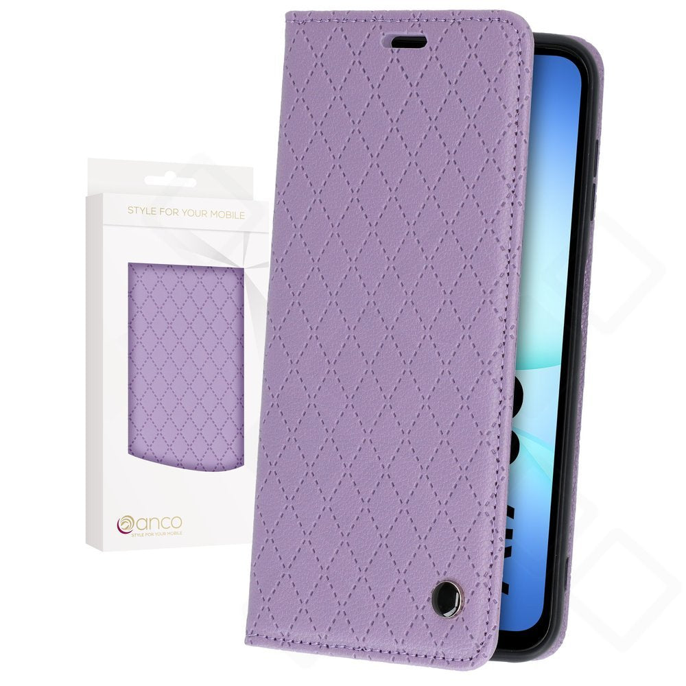 anco Bookcase Style Magnetic aus PU-Leder mit Karomuster, Kreditkartenfach und Magnetverschluss für Samsung Galaxy A17 und A18 - purple