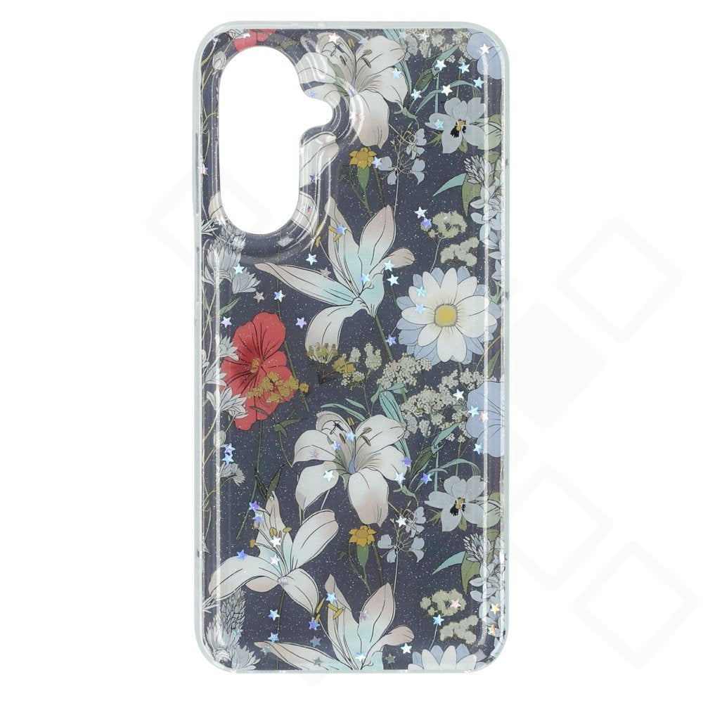 Blaues anco Flower Case für Samsung Galaxy A17 und A18 mit Blumenprint – Vorderansicht