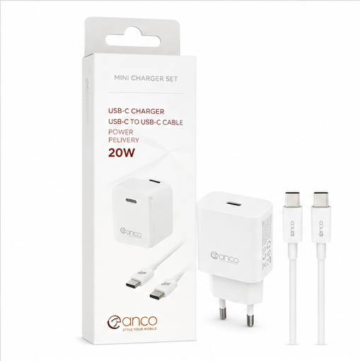 Weißes anco Mini USB-C-Power-Delivery-Ladegerät mit 20 Watt und USB-C-Kabel in 1 Meter Länge