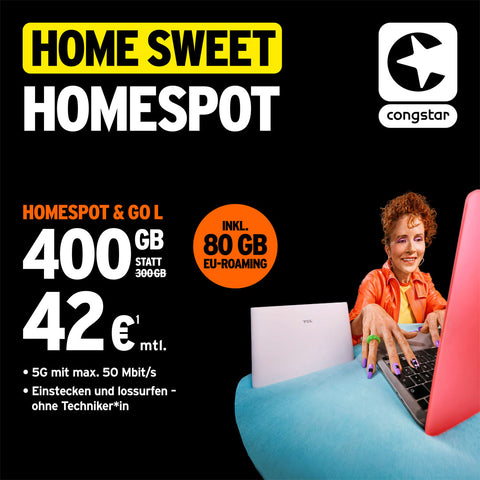 congstar Homespot & Go L: 400 GB statt 300 GB für 42 € mtl., inkl. 80 GB EU-Roaming, 5G mit max. 50 Mbit/s