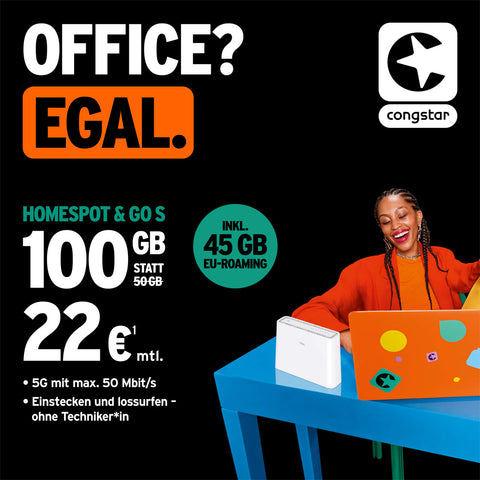 congstar Homespot & Go S: 100 GB statt 50 GB für 22 € mtl., inkl. 45 GB EU-Roaming, 5G mit max. 50 Mbit/s