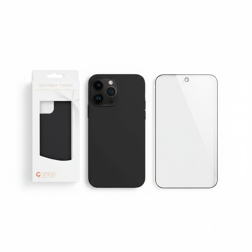 Bundle: anco Liquid Silicone Case Schwarz und Panzerglas für iPhone 14 Pro Max als Flat Lay
