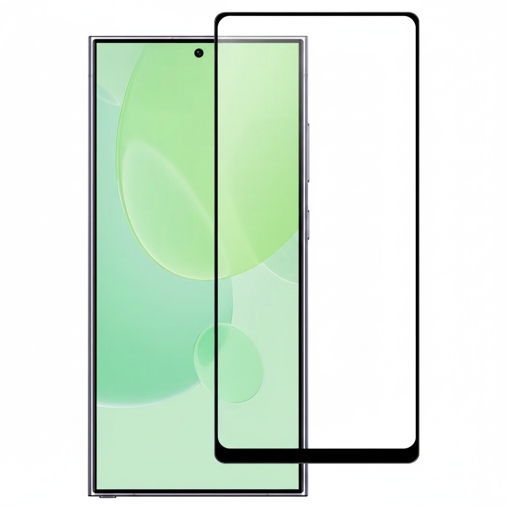 okkes Premium 3D Panzerglas S25 Ultra – Schrägansicht ultra-dünnes Glas schwarzer Rahmen