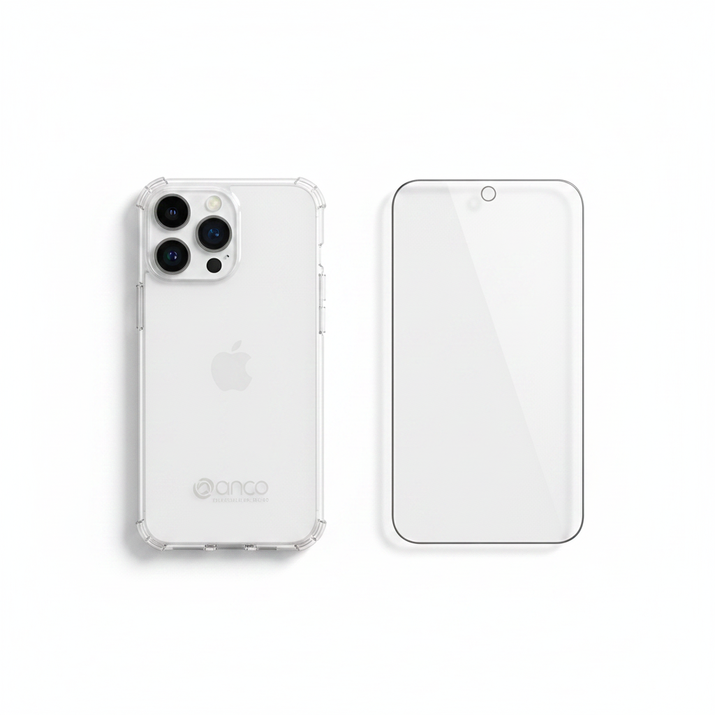 Bundle: anco Protect Case transparent und Panzerglas für iPhone 14 Pro als Flat Lay