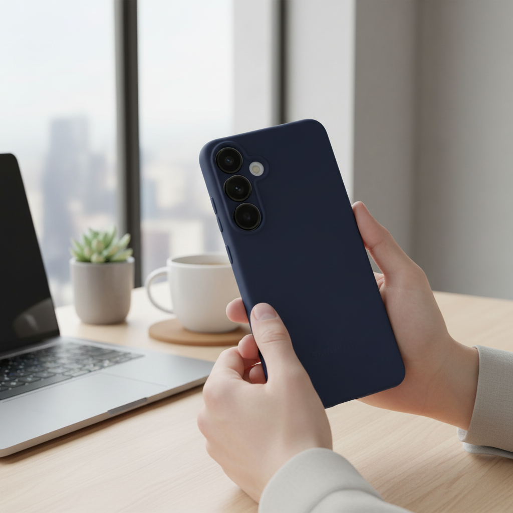 anco TPU Case Galaxy S25 Dunkelblau – Lifestyle Rückansicht Hand hält Smartphone