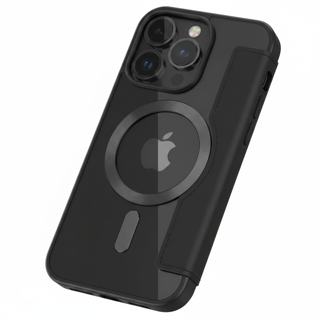 Schrägansicht des anco Bookcase Smart Mag für iPhone 15 Pro – MagSafe-Ring sichtbar