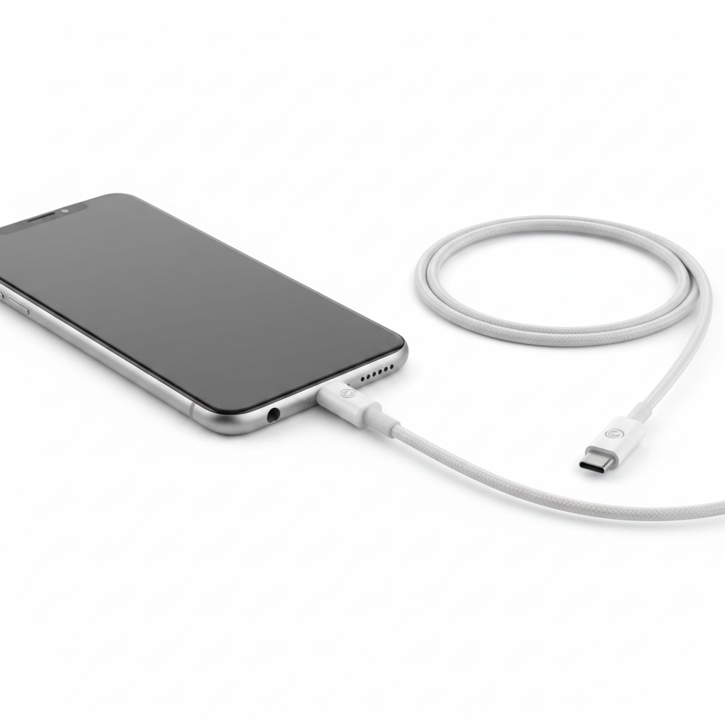 Weißes USB-C zu USB-C Kabel – eingesteckt am Smartphone