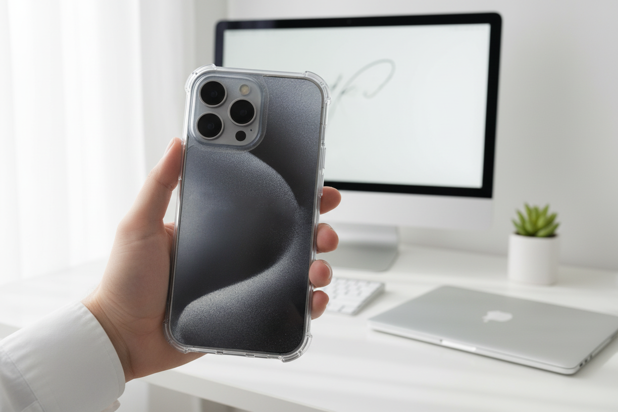 Person hält iPhone 16 Pro Max mit transparenter okkes JUMP PLUS Hülle am modernen Arbeitsplatz