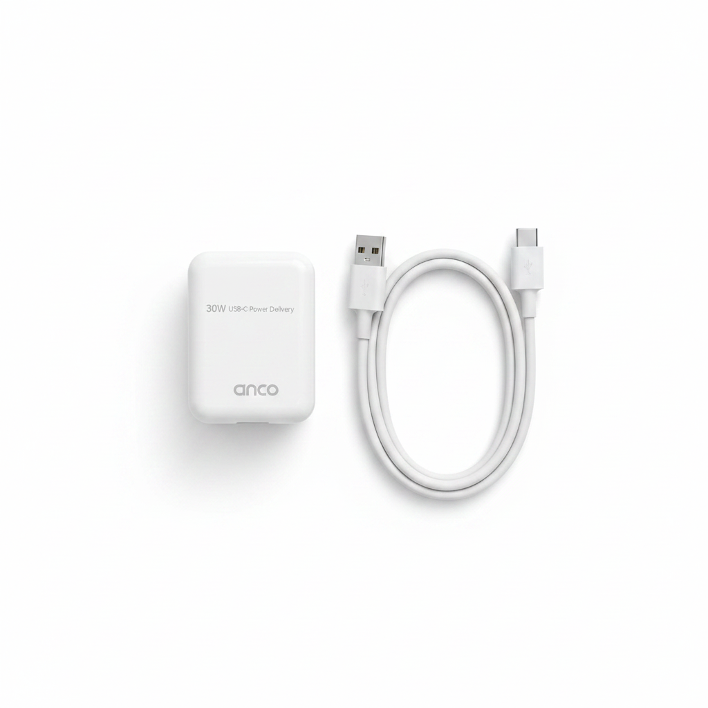 anco 30W GaN USB-C Ladegerät mit Kabel – Flat Lay