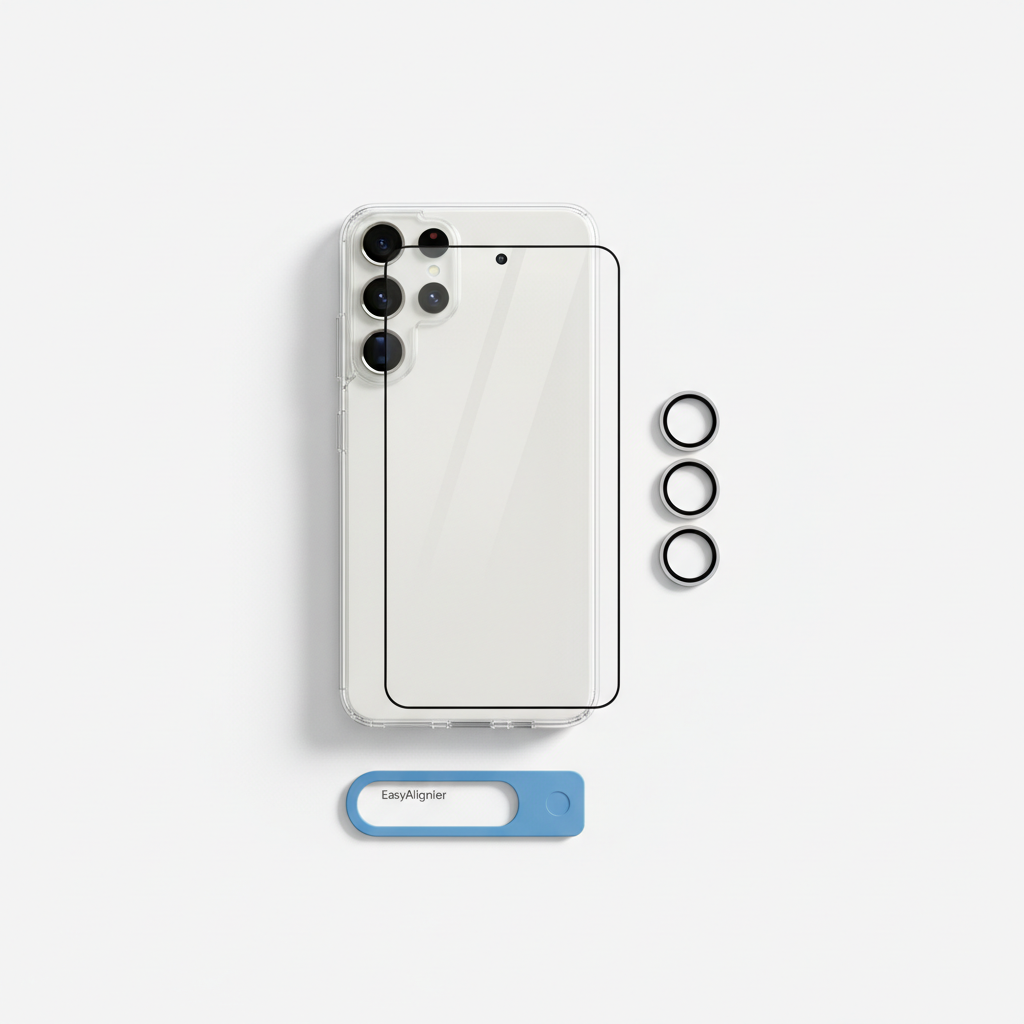 CARE Flagship Bundle Galaxy S25 Ultra – Alle Komponenten Flat Lay mit EasyAligner