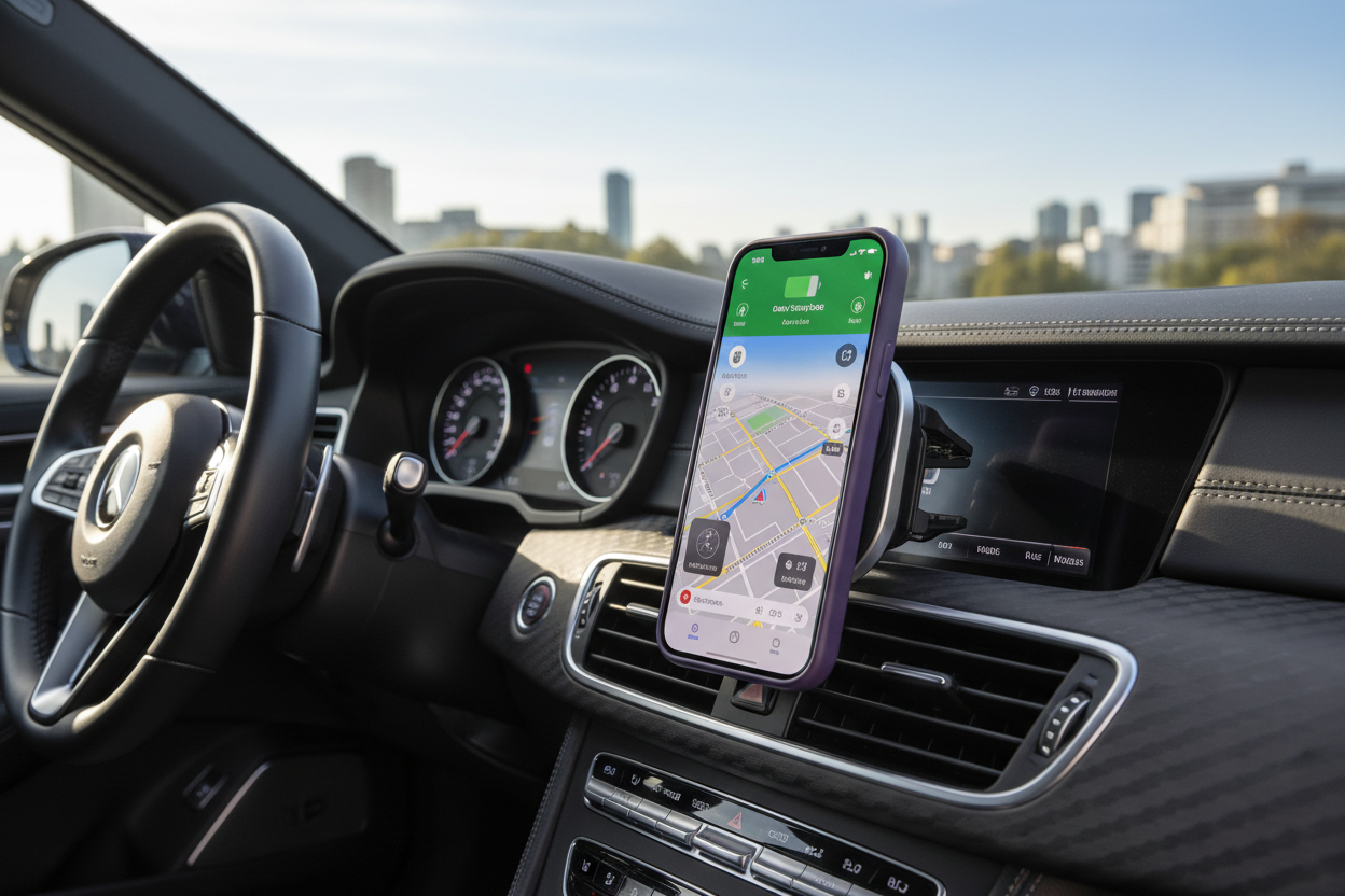 iPhone magnetisch geladen vom anco Car Charger 15W am Lüftungsgitter – Charger hinter dem Handy