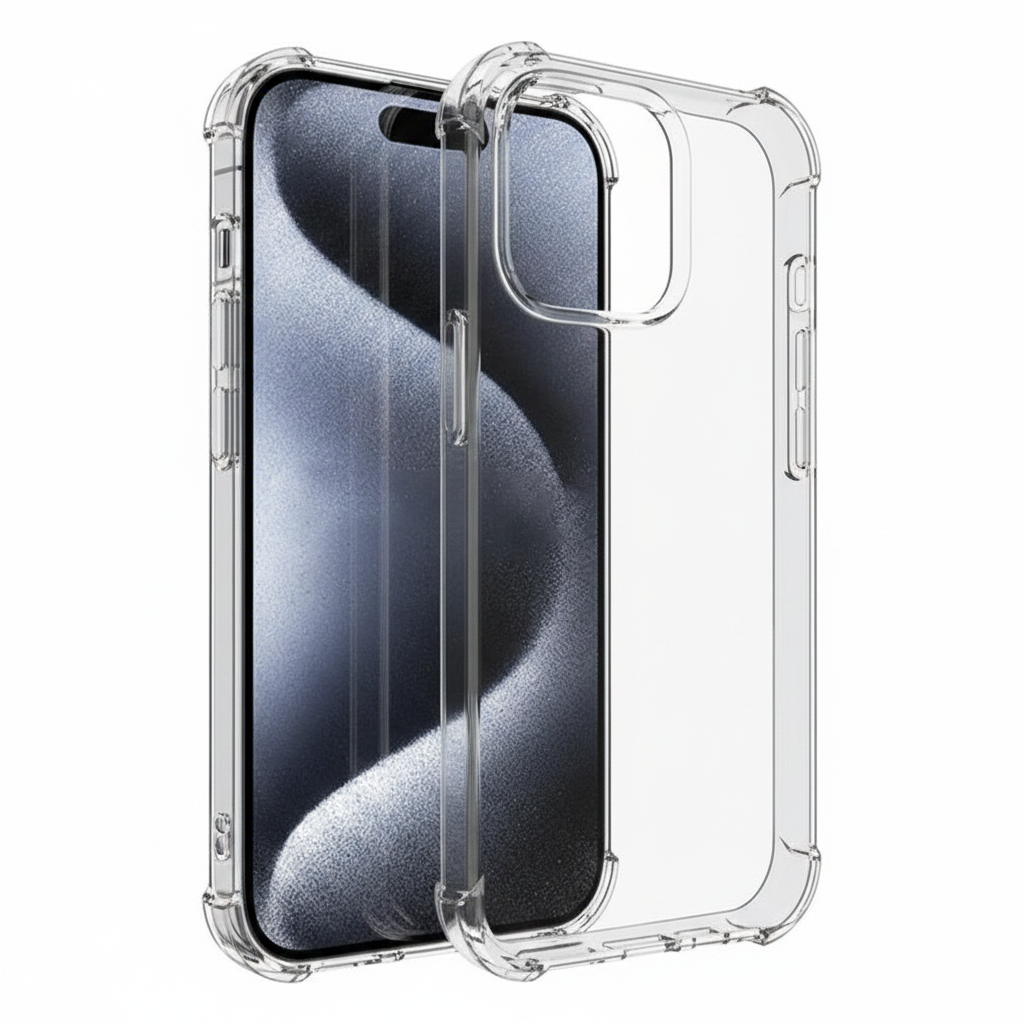Schrägansicht der transparenten okkes JUMP PLUS Hybrid Hülle für iPhone 16 Pro