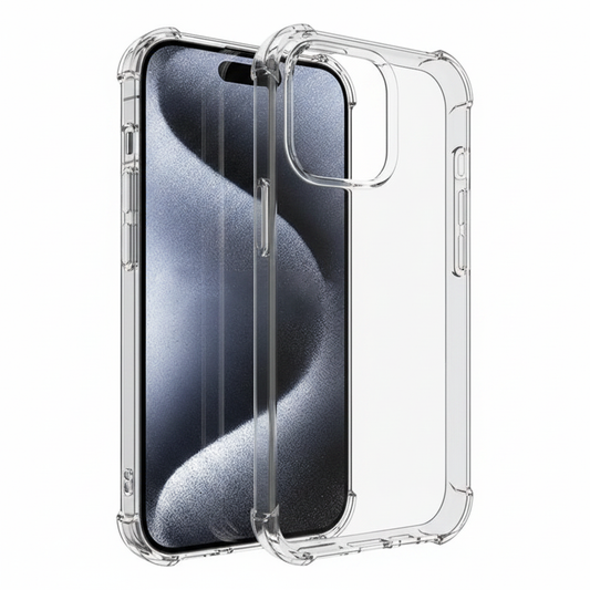 Schrägansicht der transparenten okkes JUMP PLUS Hybrid Hülle für iPhone 16 Pro