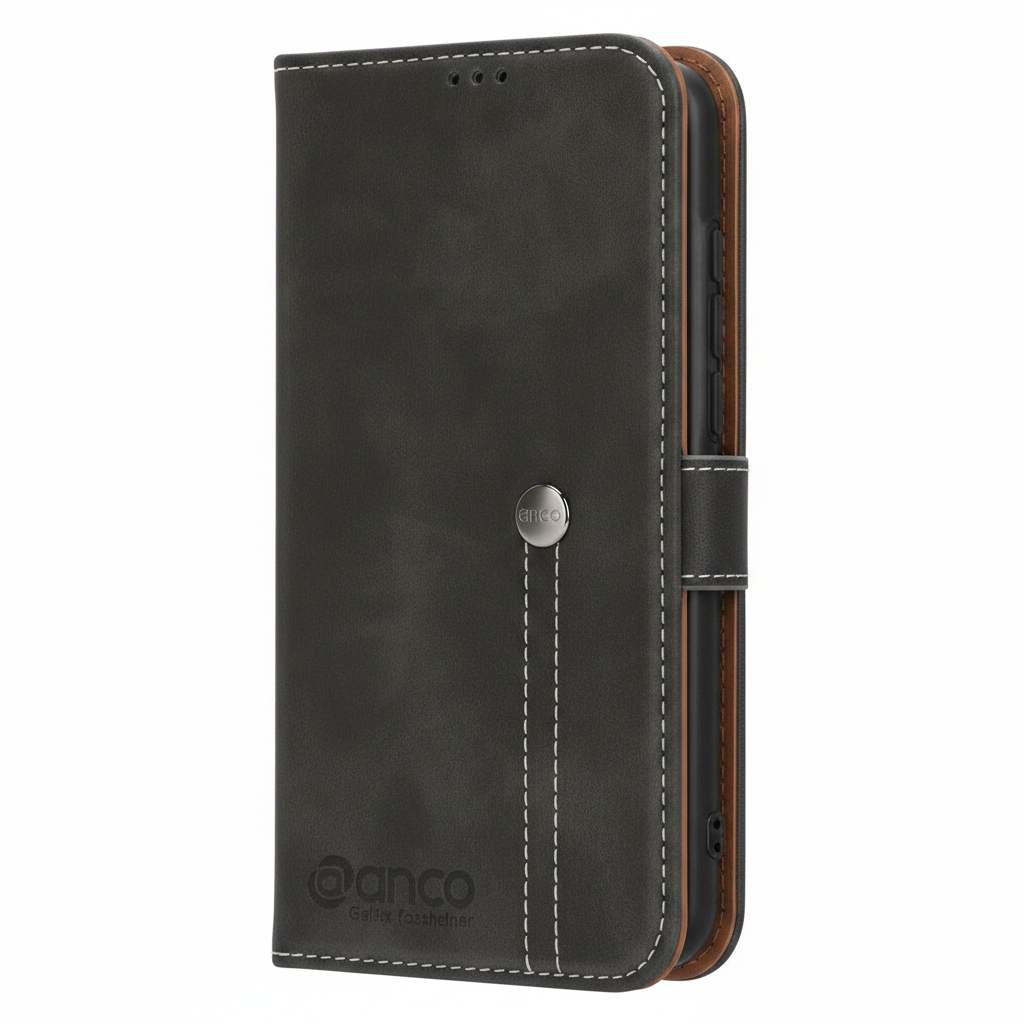 anco Bookcase Phoenix Samsung Galaxy A25 5G Schwarz – Schrägansicht